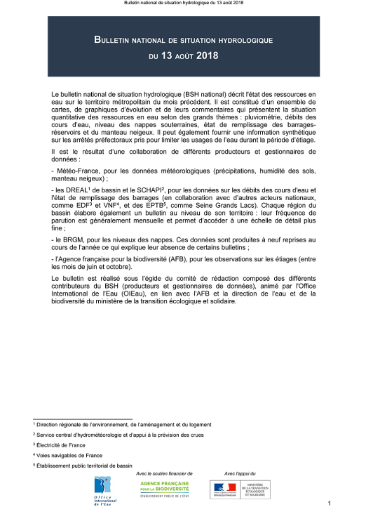 Bulletin de situation hydrologique d'août 2018