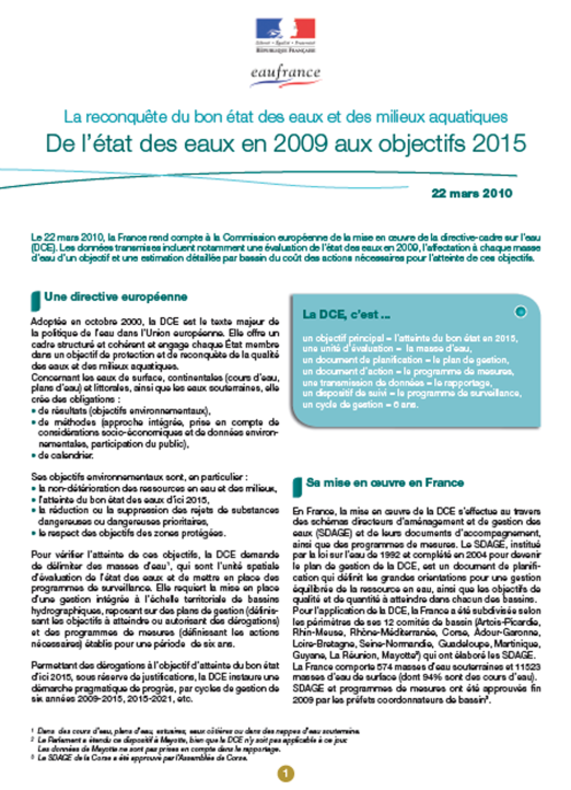 De l’état des eaux en 2009 aux objectifs 2015