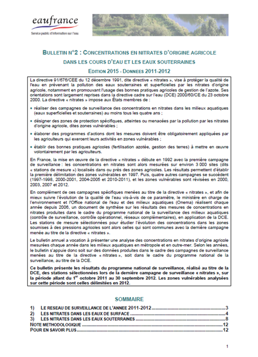 Concentrations en nitrates d’origine agricole dans les cours d’eau et les eaux souterraines (données 2011-2012)