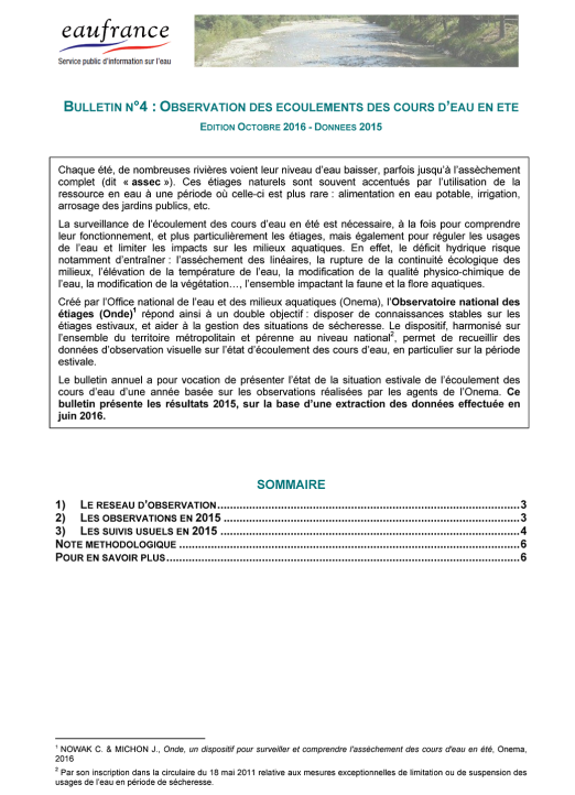 Observation des écoulements des cours d’eau en été (données 2015)