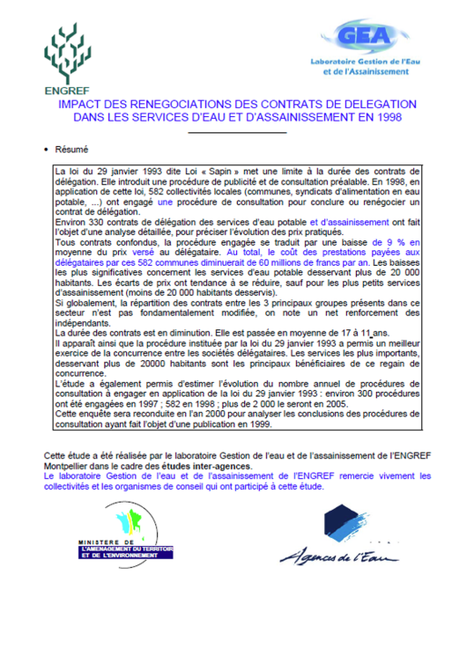 Impact des procédures de mise en concurrence dites "loi Sapin" sur les services (données 1998)