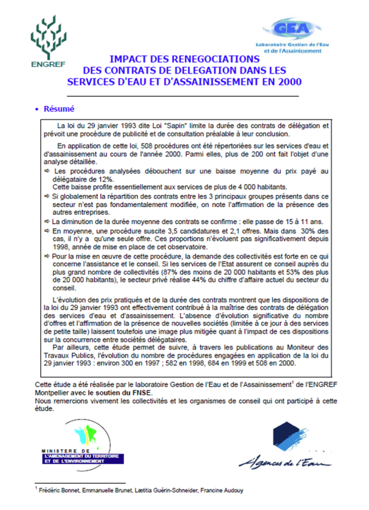 Impact des procédures de mise en concurrence dites "loi Sapin" sur les services (données 2000)